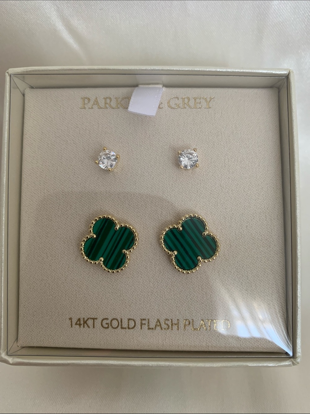 Parker Grey Green and Clear 14KT Gold Flash Clover & CZ Stud Earring Set